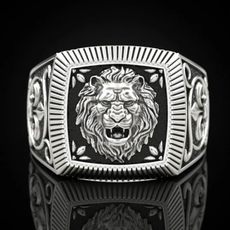 Men\'s Vintage Leo Ring Luxury White Gold Plated Carving Lion Finger Rings Fashion Square Shape Punk Jewelry Anniversary Gift