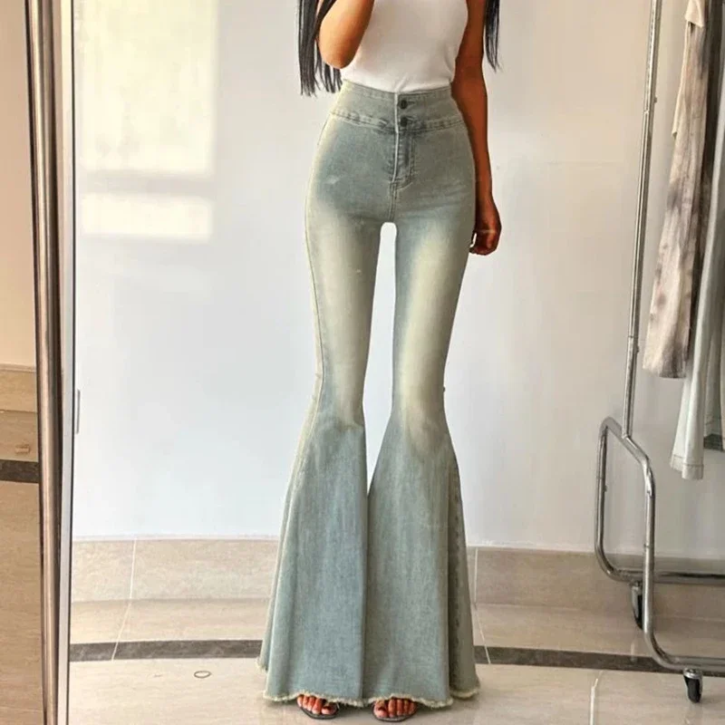 Vrouw Hoge Taille Gothic Streetwear Flare Jeans Dames Vintage Stretch Fleece Broek Meisjes Mode Zwart Grijs Spijkerbroek