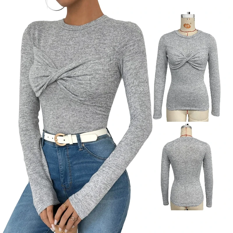 European Style Women T-Shirts for 2024 Autumn Twist Up Soild Color Lady Tops Long Sleeve Slim Female Casual Knitted Tees KE5072