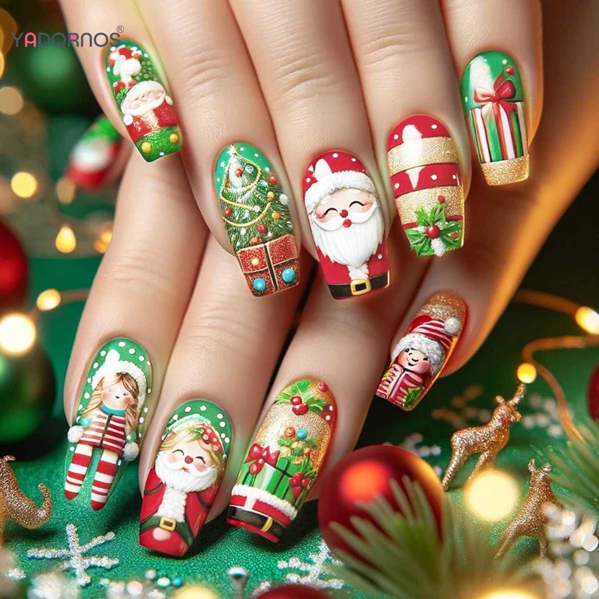 24 قطعة عيد الميلاد الأظافر وهمية أحمر أخضر اللون متوسط طول نعش اضغط على الأظافر الكرتون سانتا كلوز/شجرة عيد الميلاد المطبوعة مسمار الفن