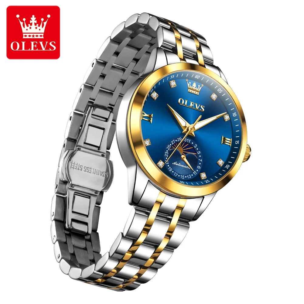 ساعات OLEVS 7041 Moon Phase متعددة الوظائف ميكانيكية للنساء، ساعة أوتوماتيكية أصلية للنساء، ساعة يد أنيقة للسيدات