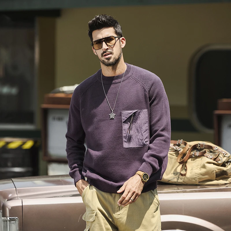 

Весенне-осенний карман на молнии с украшением, 3-цветный вязаный свитер в американском стиле ретро, мужской свитер в ленивом стиле