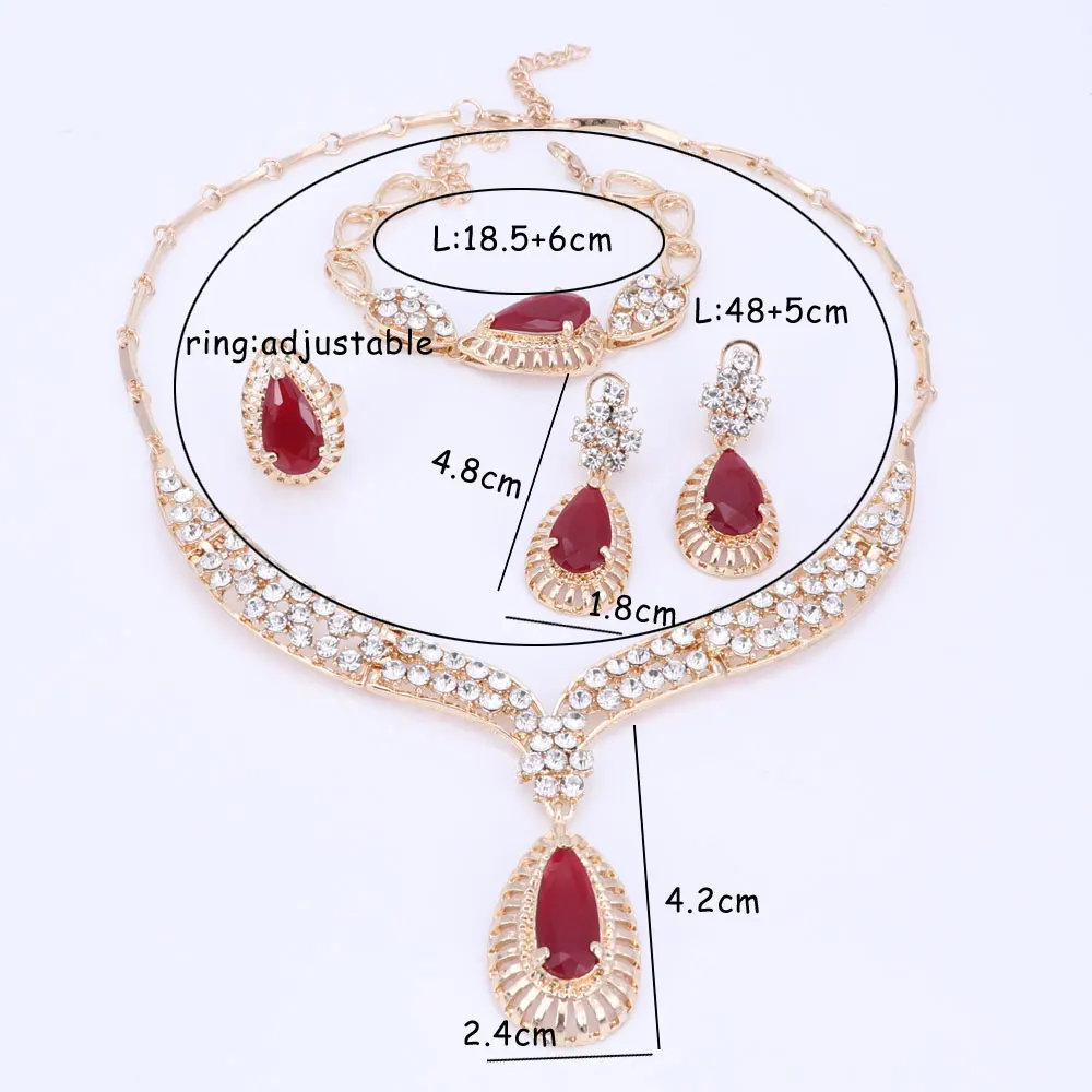 Fashion Crystal Necklace Collar Jewelry Sets For Women Party Accessories African Beads Earrings Bracelet Ring Sets Vintage Red