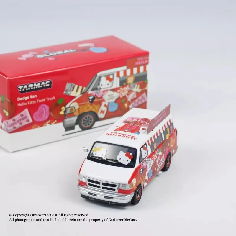 Tarmac Works 1/64 Dodge Van Hello Kitty Food Truck Alloy Toy Motor Vehicle Diecast Metal Model Gifts