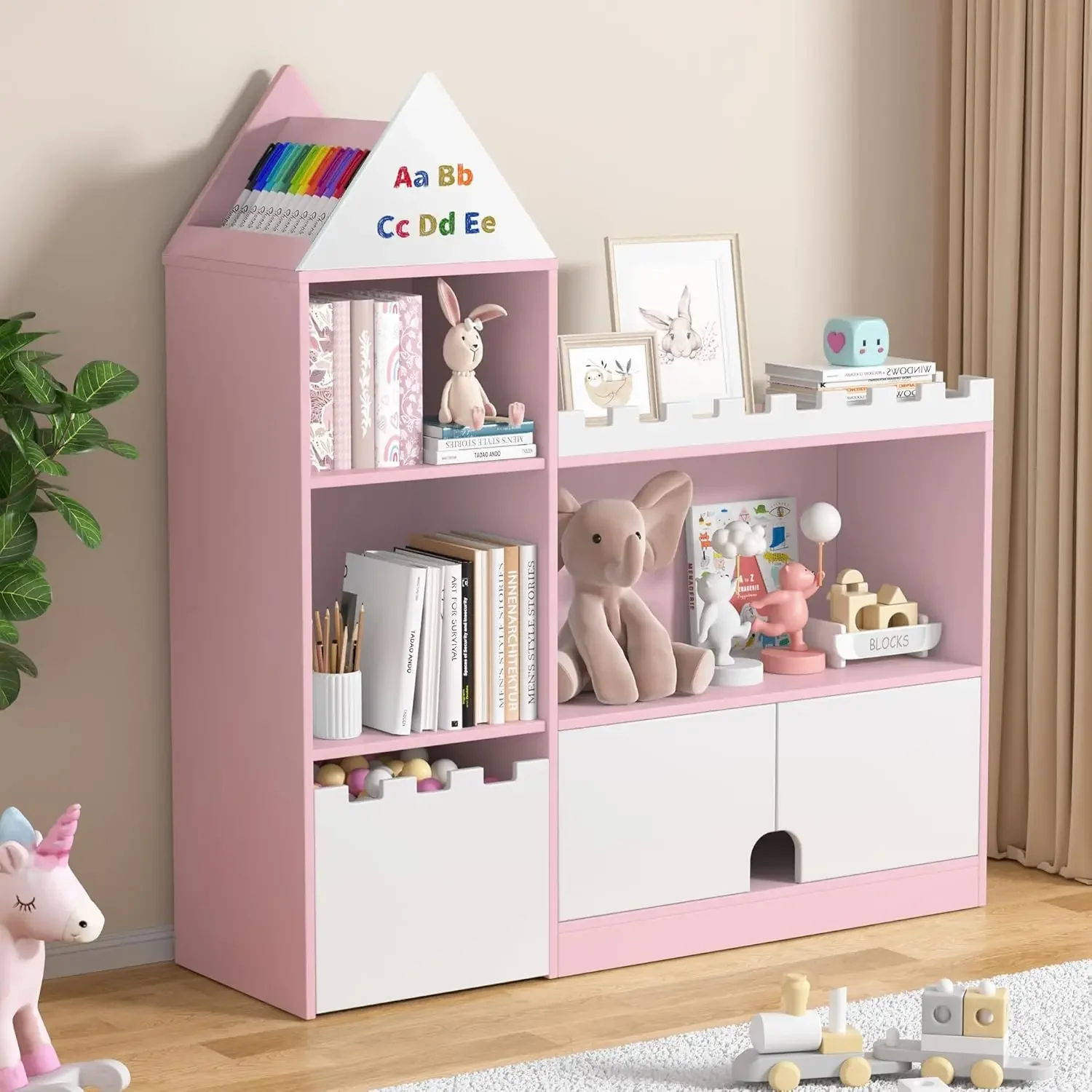 Toy Storage Organizer, Wood Kids Castle Bookshelf, 6 Cubby Children Bookcase, Montessori Book Shelf for Nursery, Playroom