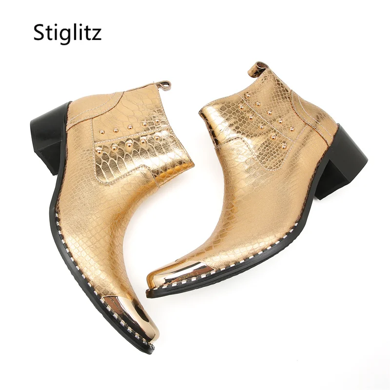 Rivet Gold Leather Ankle Boots for Men Metal Toe Safety Shoes Man for Work Luxury Design Side Zipper High-Top Wedding Shoes