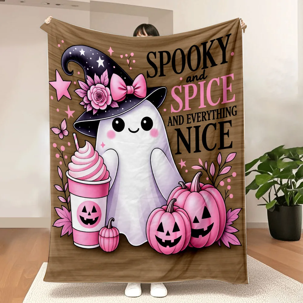 1PC Ghost and Pumpkin Print Blanket — Made of soft plush flannel, perfect for sofas, beds, or recliners. It is ideal for Hallowe