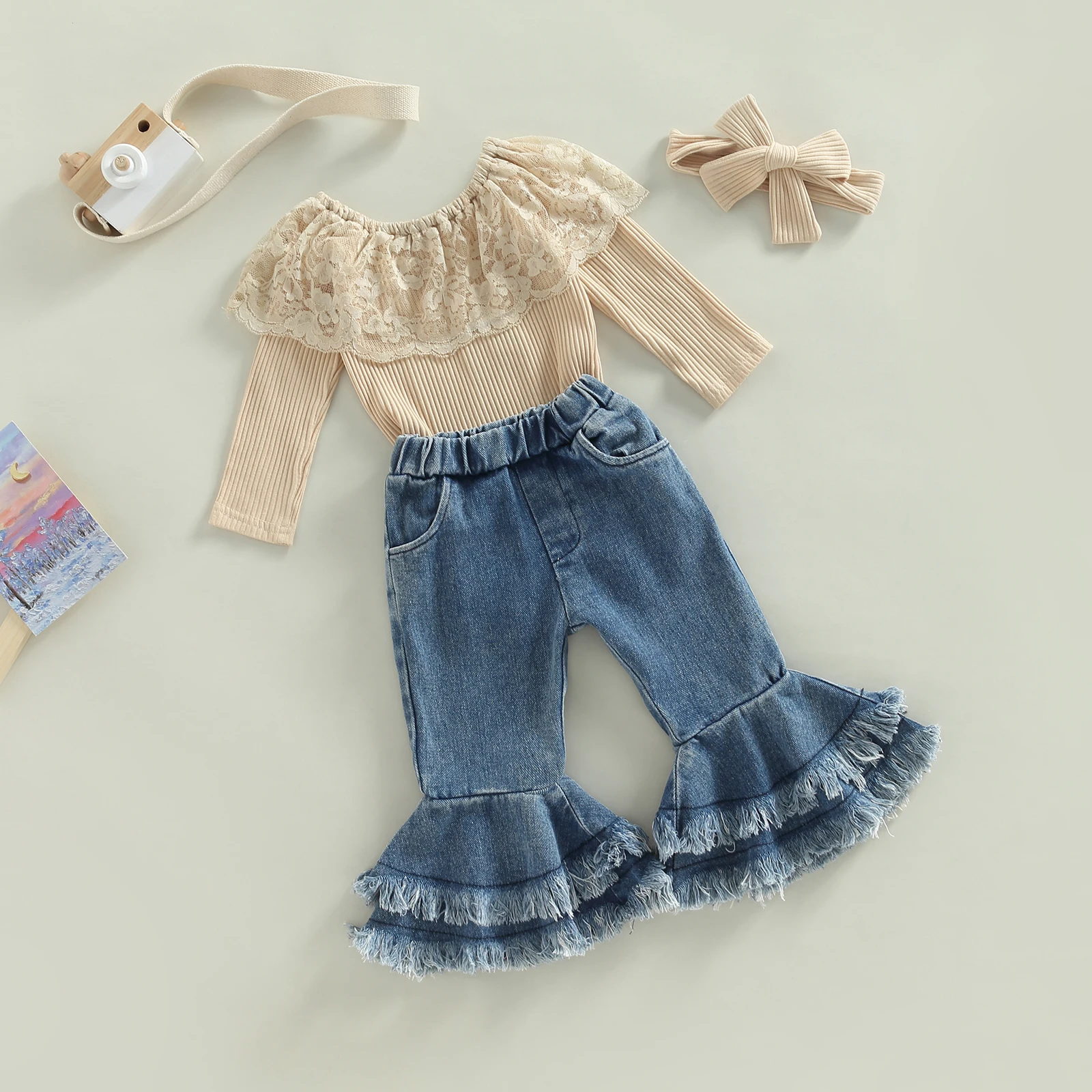 Kids Infant Baby Girls Pants Suit, Long Sleeve Round Neck Lace Romper Tops + Casual Denim Bell-Bottoms + Headband 3Pcs Set 3-24M