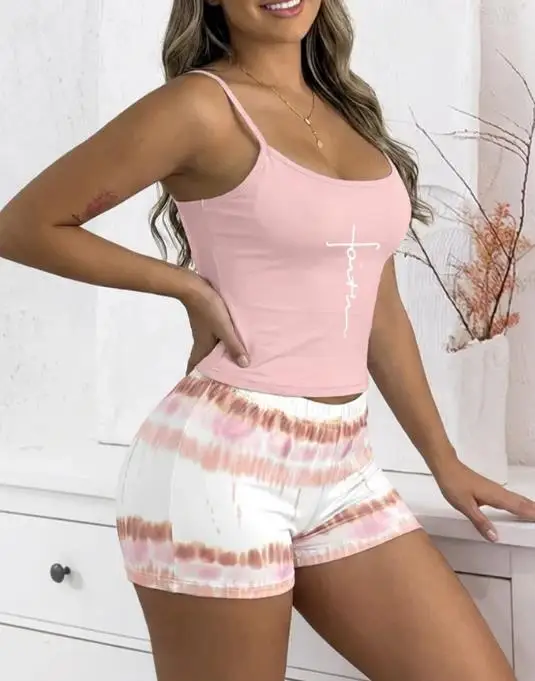 Ensemble d'été pour femmes, nouvelle lettre imprimée, col rond, sans manches, haut et short moulant, adapté à un usage domestique