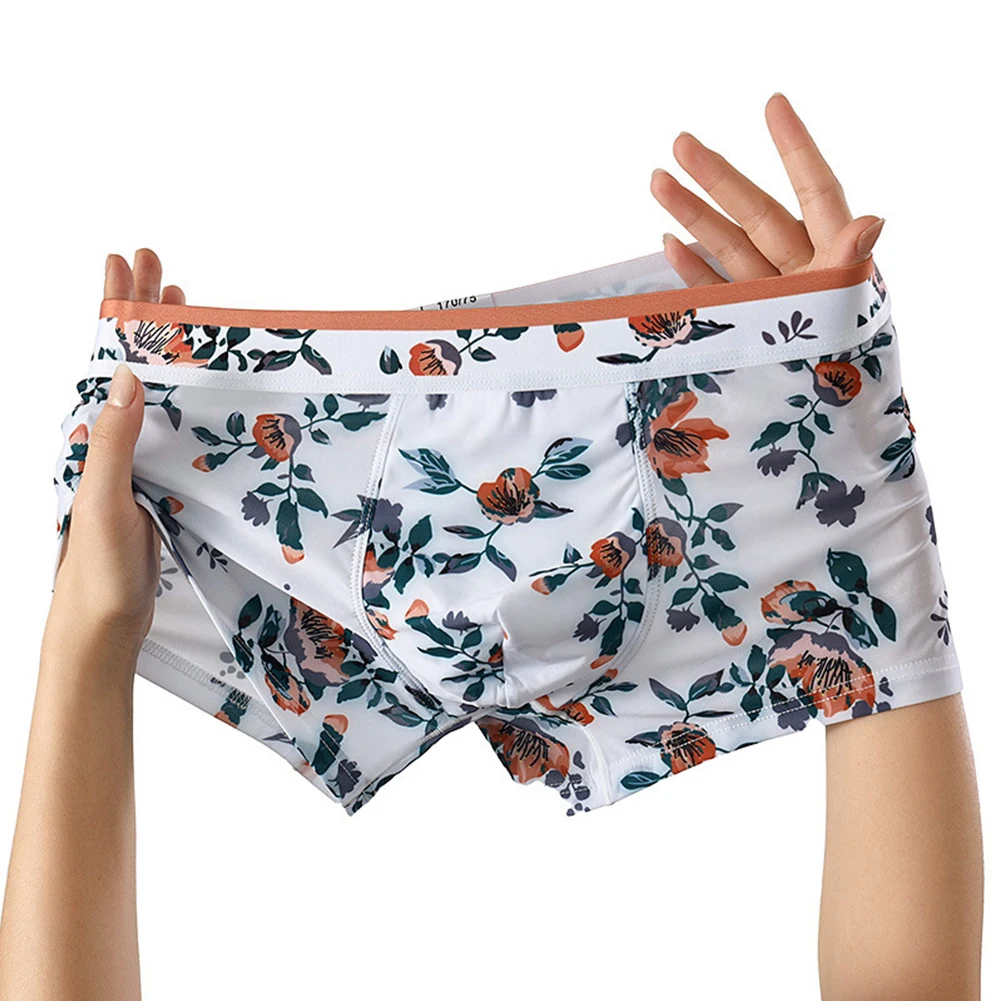 Mens Flowers Print Underwear Ice Silk Briefs Trunks Bulge Pouch Underpants Shorts U Convex Stretchshorts