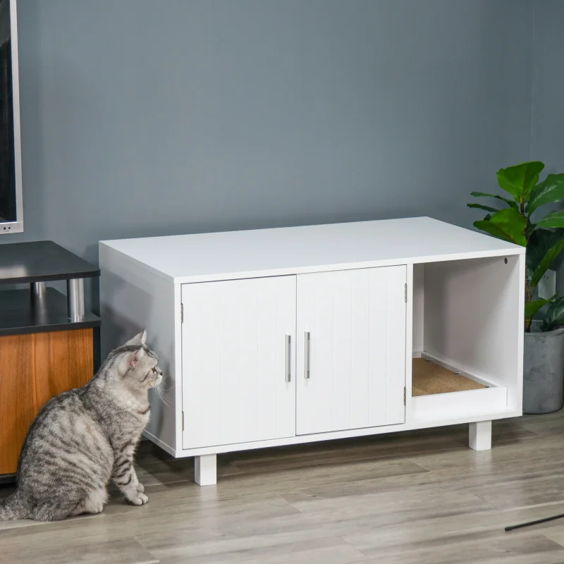 

Wooden Cat Litter Box Enclosure & House, Kitty Hidden Washroom, with End Table Design, Scratcher, & Magnetic Doors, White