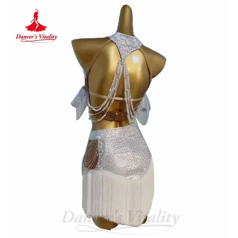 Latin Dance Performance Set Women's Customized Senior AB Stones Top+Tassel Short Skirt 2pcs Tango Samba Rumba Competition Outfit