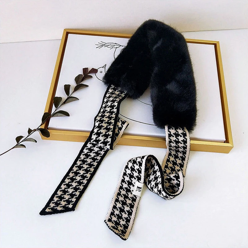 Women Winter Soft Warm Thick Fluffy Faux Fur Collar Long Narrow Knitted Houndstooth Skinny Scarf Neckerchief