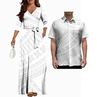 Conjunto de ropa de fiesta para parejas, vestidos informales con estampado samoano, camisa a juego, Puletasi samoano, trajes blancos polinesio
