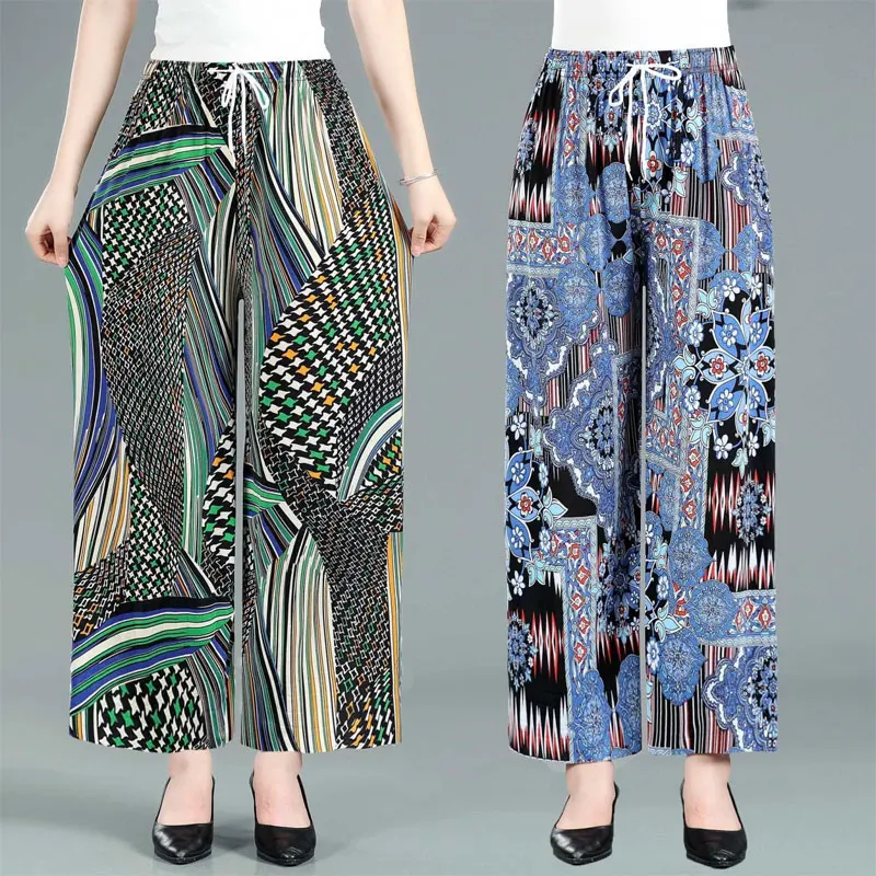 Summer Vintage Folk Printed Cropped Trousers Contrasting Colors Casual Loose Women\'s Clothing Stylish Wide Leg Drawstring Pants