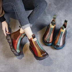Thick Soled Waterproof Leather Boots with Color Matching Rainbow Elastic One Foot Genuine Leather Short Boots