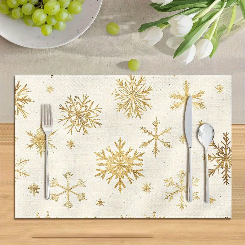 2/4/6 Pcs Elegant Gold Snowflake Placemats | Beige & Gold | 45x30cm | Christmas/New Year's Eve/Valentine's/Daily Dining Holiday