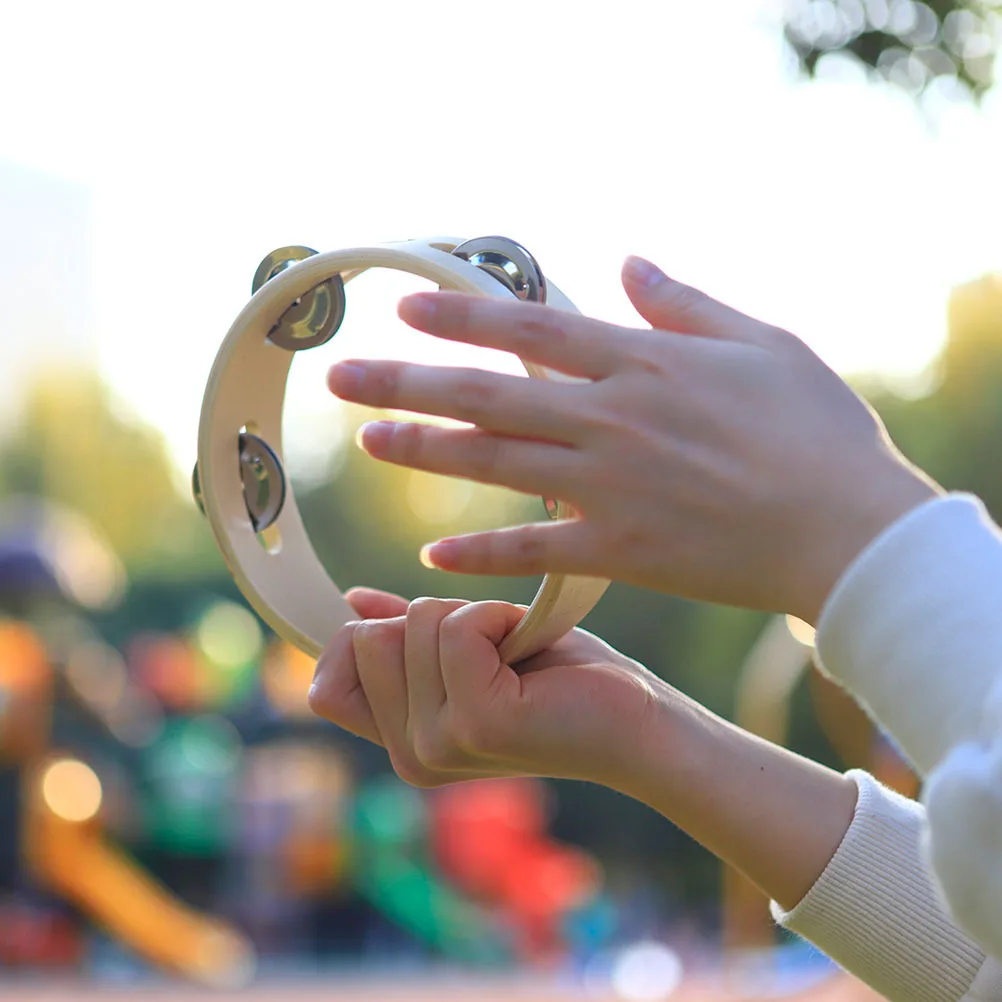 

Wood Hand Tambourine with Strong Jingle Bells Polished Smooth Surface Ergonomic Grip for Music Dancing Party Education