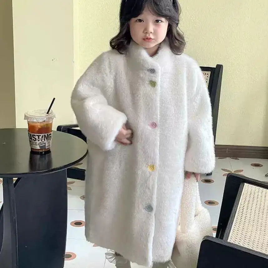 

2024 Winter New Children's Faux Fur Jacket Imitation Mink Fur Coat Thicker Warm Stand Collar Overcoat A4223