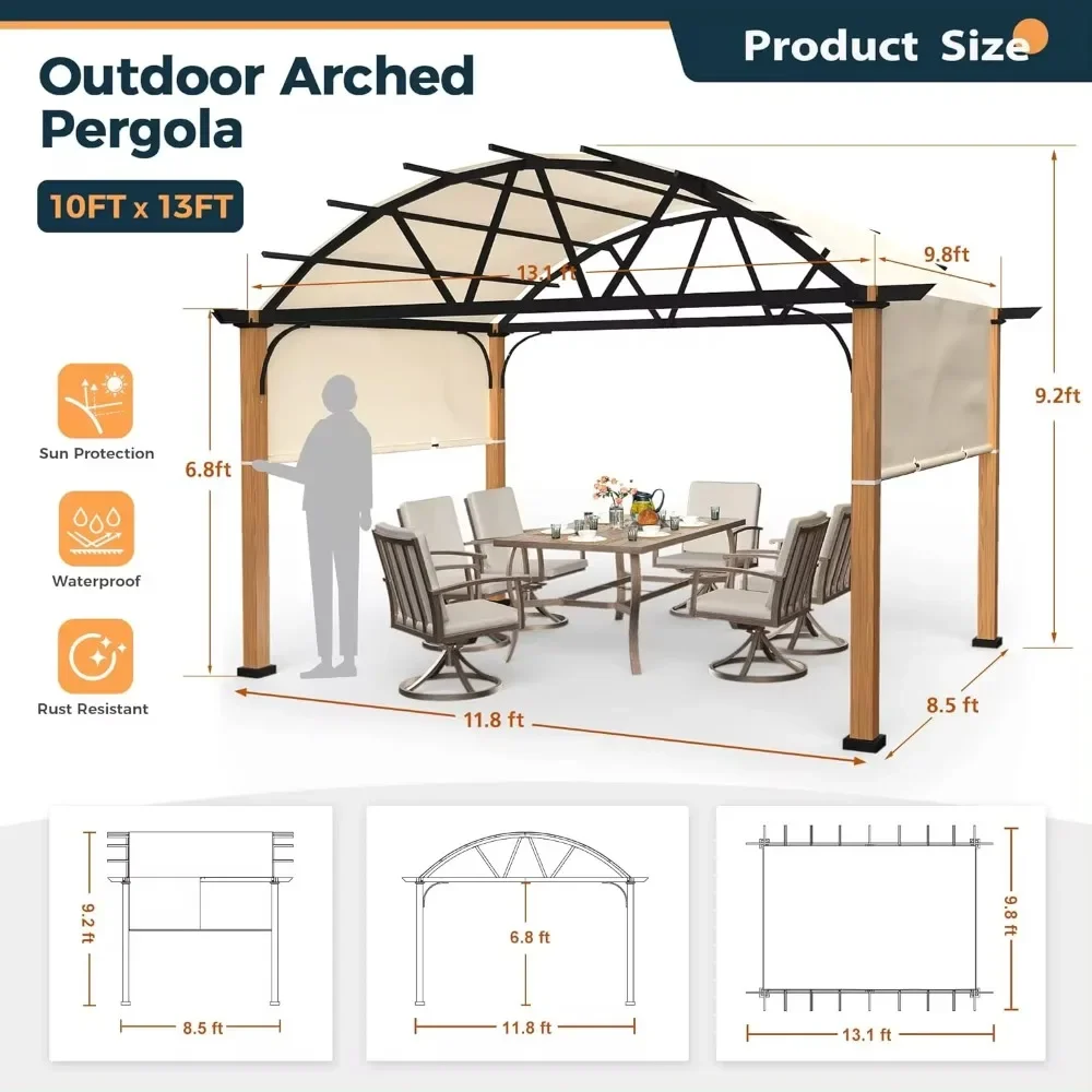 10 'X 13' Pergola luar ruangan dengan tali kanopi yang dapat ditarik dan bingkai aluminium serat kayu, Pergola melengkung untuk teras, dek, halaman belakang