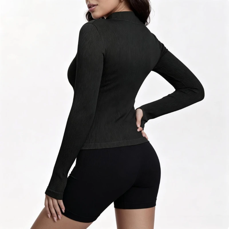 Women Ribbed Long Sleeve Zip Up Yoga Top High Elastic Workout Shirt Outdoor Running Gym Fitness Fashion Slim Sports Active Wear view 5