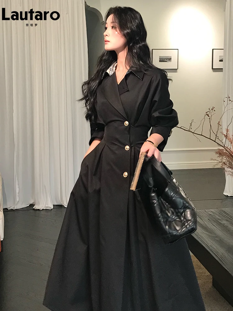 

Lautaro Spring Autumn Long Black Fitted Trench Coat for Women Elegant Chic Stylish Luxury Designer Clothes Fashion Overcoat 2025