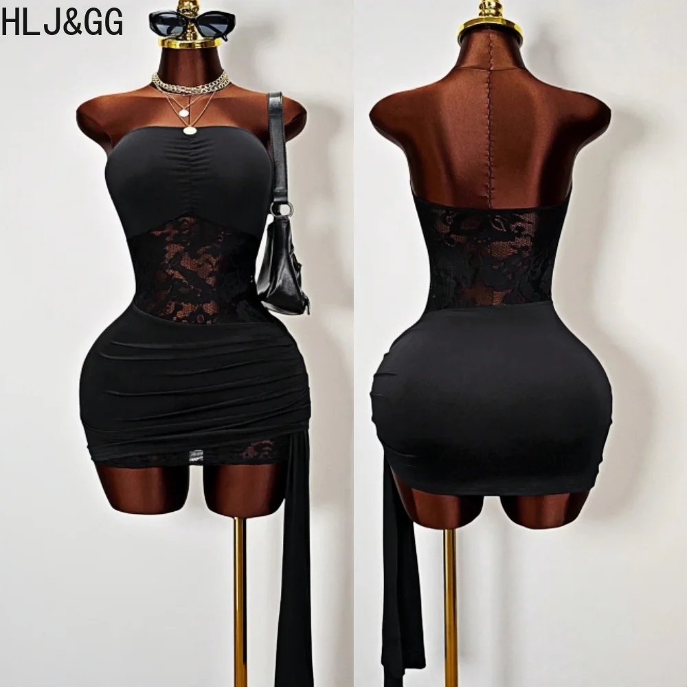 

HLJ&GG Sexy Lace See Though Splicing Bodycon Mini Dresses Women Off Shoulder Sleeveless Backless Ruched Vestidos Fashion Dress