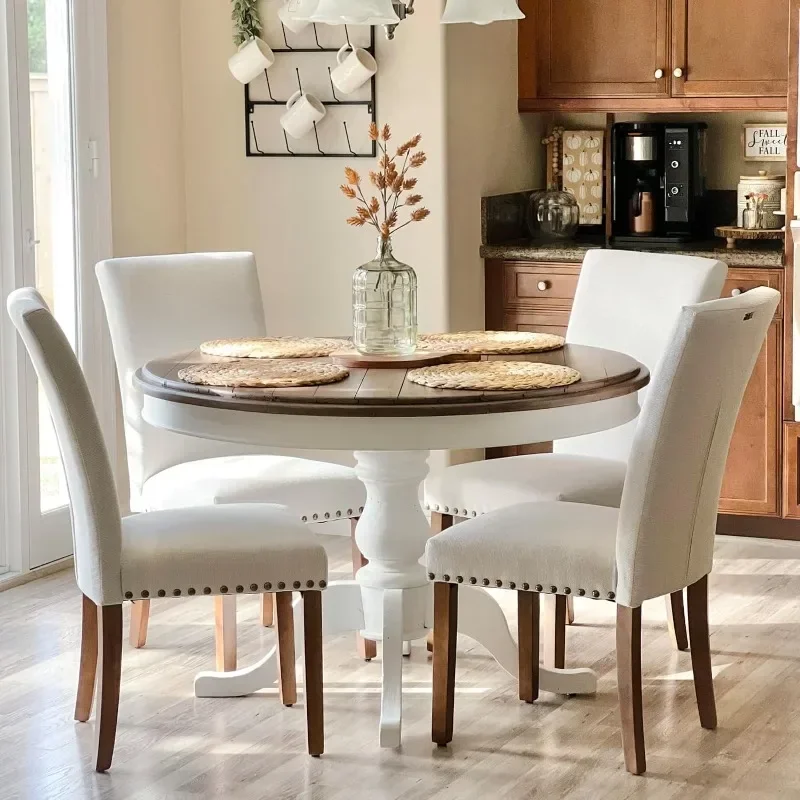 

Upholstered Parsons Dining Chairs Set of 6, Fabric Dining Room Kitchen Side Chair with Nailhead Trim and Wood Legs- Beige