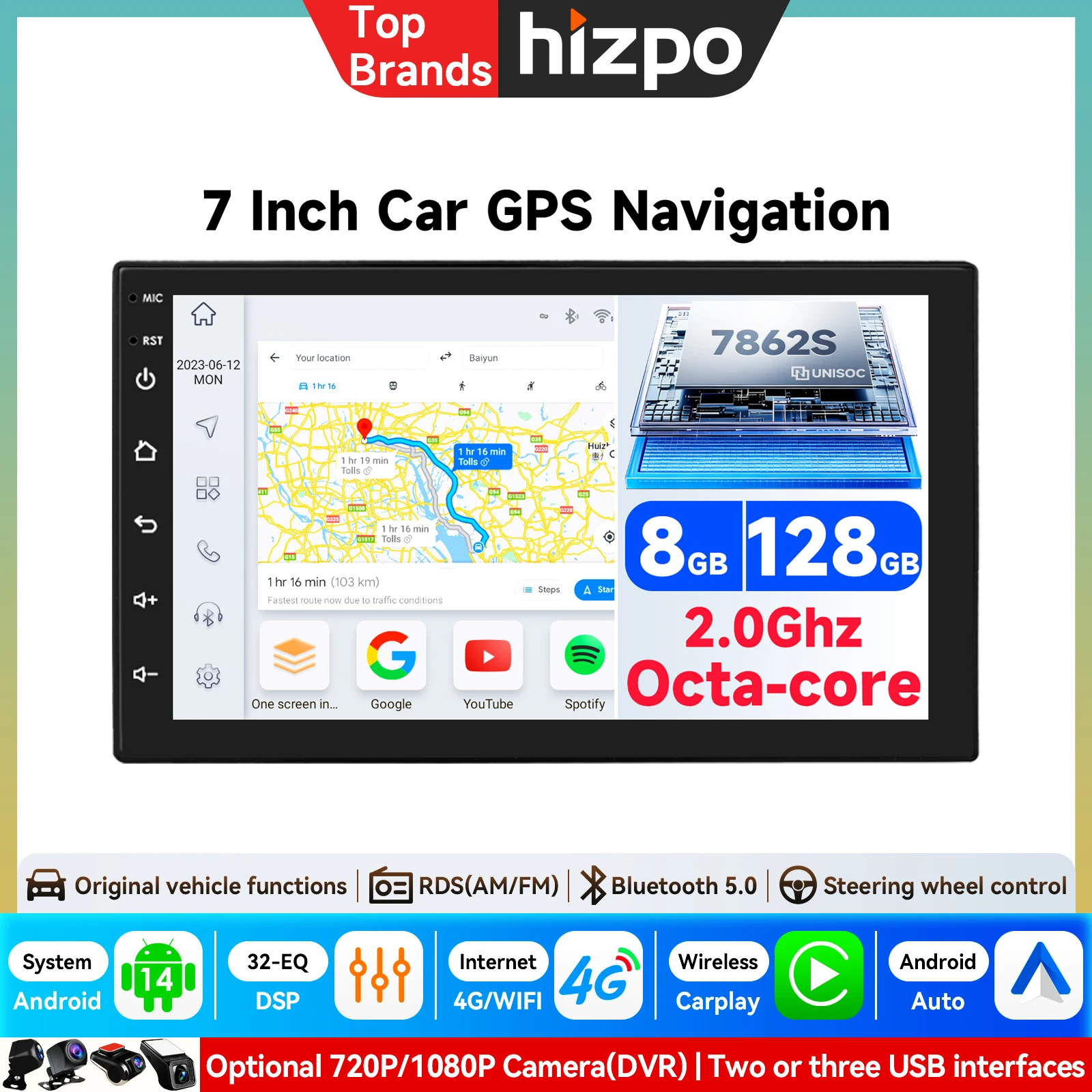 Radio samochodowe Hizpo 2Din Carplay Android Auto Odtwarzacz multimedialny 7-calowy ekran FM Wejście AUX Bluetooth Mirror Link Uniwersalne radio samochodowe