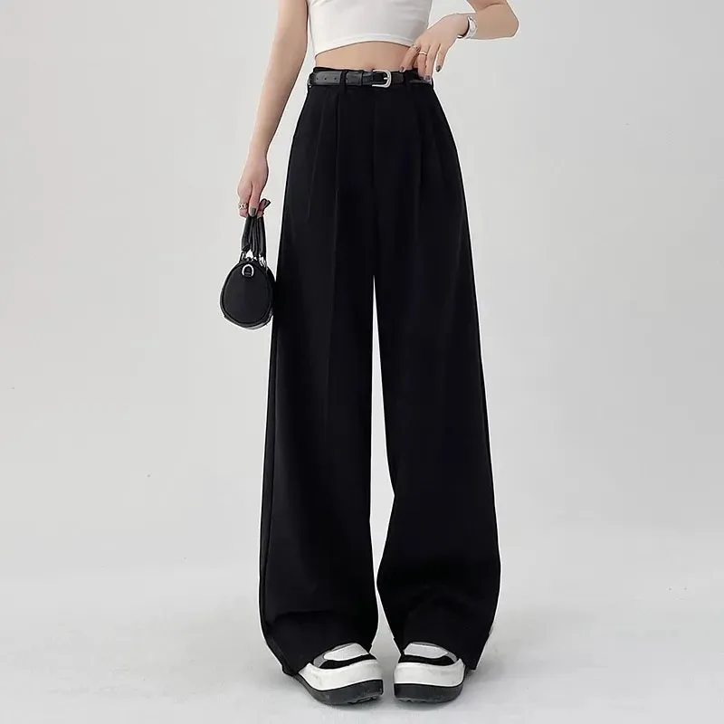 High Waist Belt Wide Leg Suit Pants Y2K Fashion Baggy Korean All-Match Trousers Solid Elegant Office Ladies Chic Straight Pants