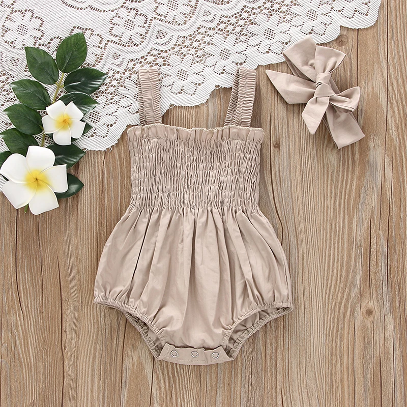 Infant Baby Girl Romper Clothes Ruched Casual Sleeveless Newborn Bodysuit with Headband Summer Jumpsuit Cute Toddler Outfit Suit