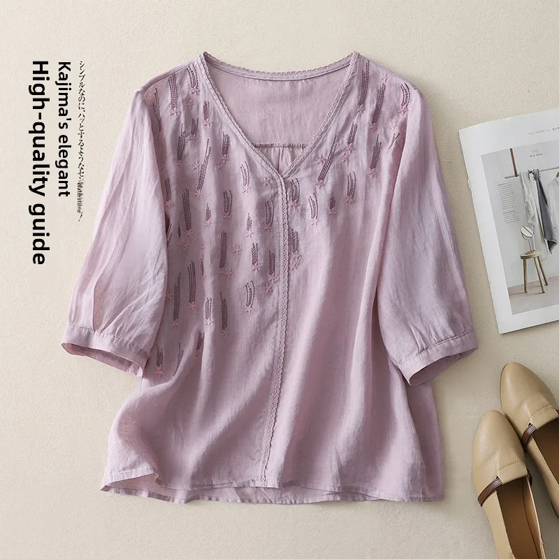 

Cool Cotton Linen Loose Fit Short Sleeve V-Neck T-Shirt Women's Summer New Arrival Breathable Comfortable Lightweight Shirt