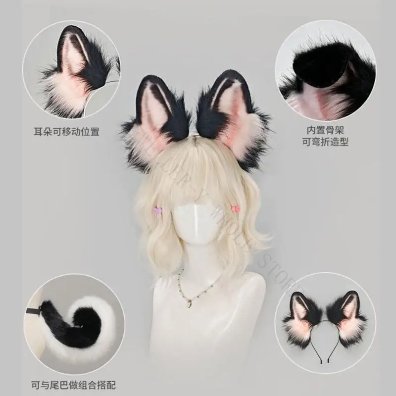R7UF Soft Plush Canine Ear Headband Hair Hoop with Black, White, and Pink Palette for Character Costumes, Themed Parties, and