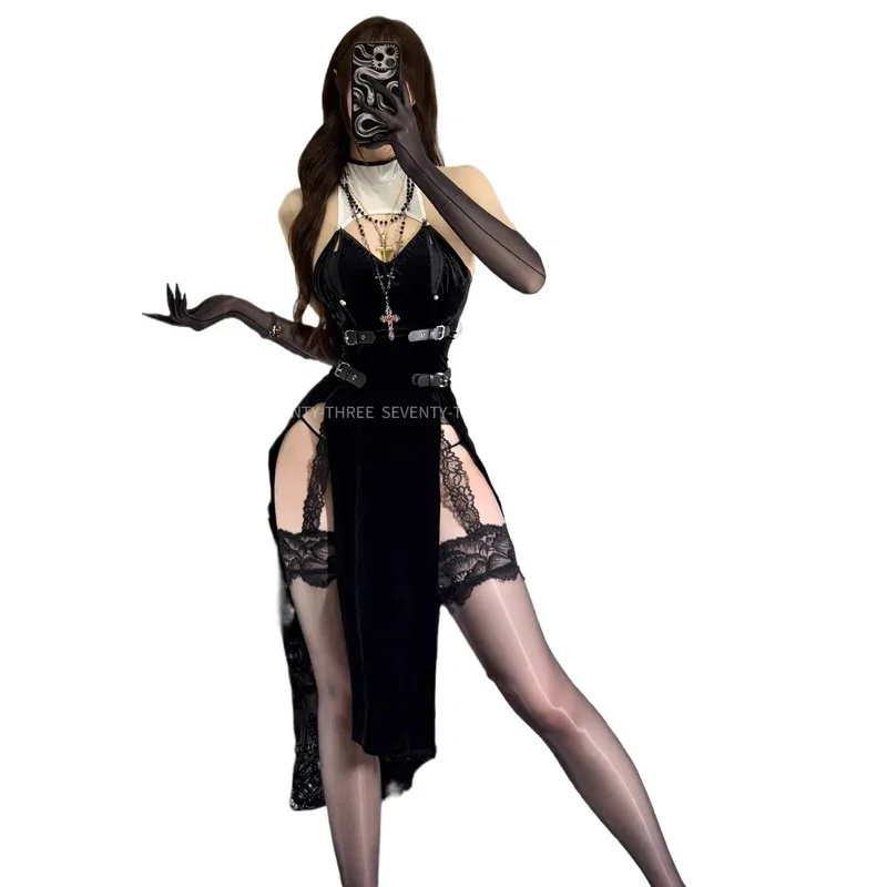 애니메이션 여성 수녀 역할 놀이 유니폼 하이 포크 홀로우 드레스 십자가 목걸이 의상 코스프레 의상 yi;4