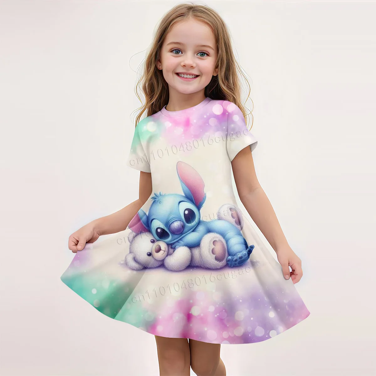 

Милое детское платье Lilo & Stitch для девочек, летнее длинное платье с короткими рукавами и принтом, повседневное удобное длинное платье с мультяшным узором