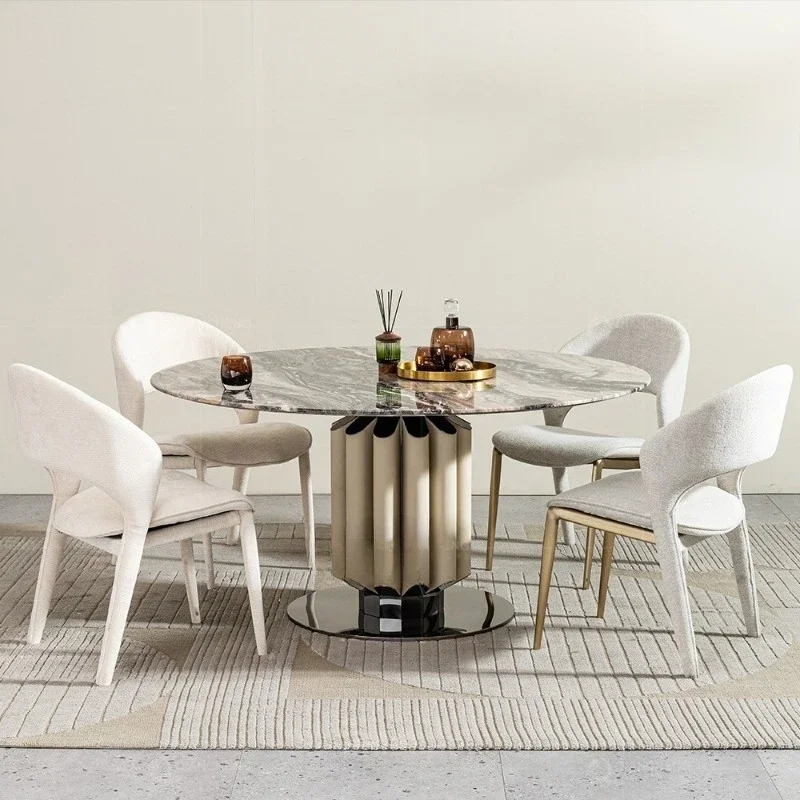 Italian light luxury dining table and chairs high-end round dining table marble round dining table set 2