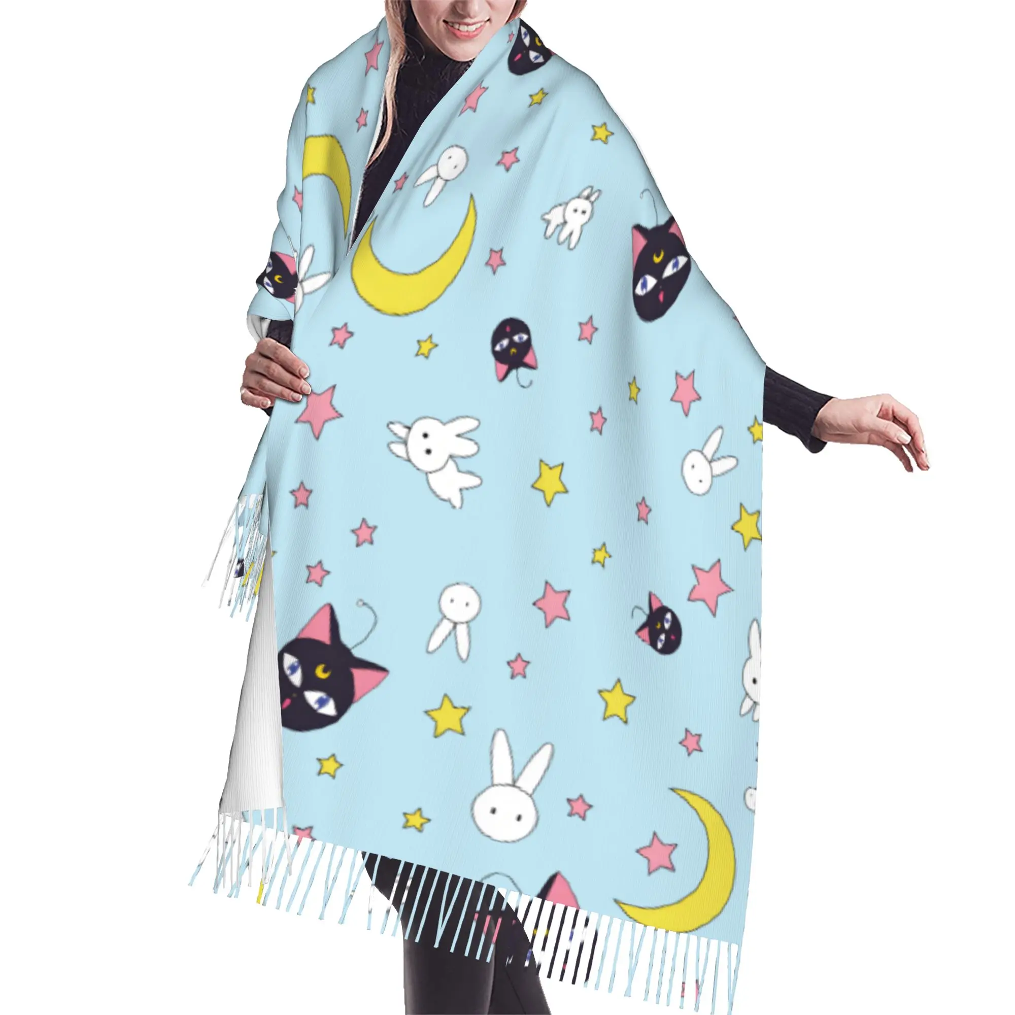 Custom Sailored Manga Anime Mooned Tassel Scarf Women Soft Usagi Tsukino Luna Shawls Wraps Lady Winter Scarves