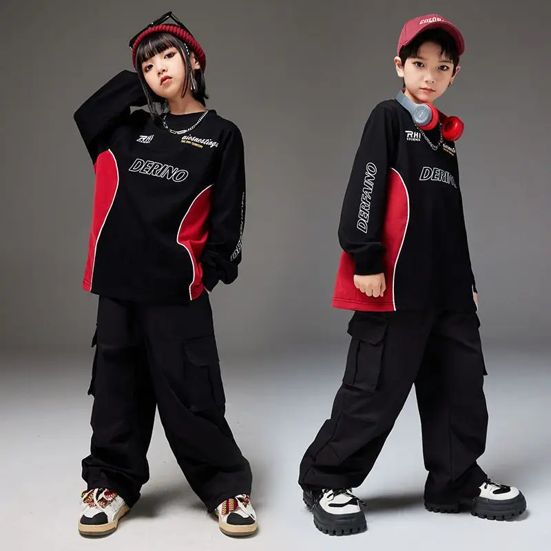 Boys Hip Hop Contrast Sweatshirt Cargo Pants Girls Streetwear Pullovers Joggers Child Street Dance Clothes Set Kids Jazz Costume