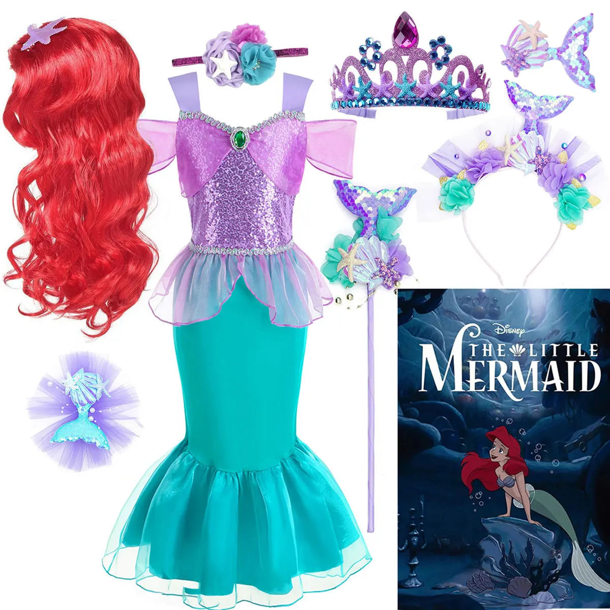 

Disney Mermaid Ariel Princess Dress For Kids Cosplay Costumes Girls Birthday Carnival Party Ball Gown Halloween Clothing Set