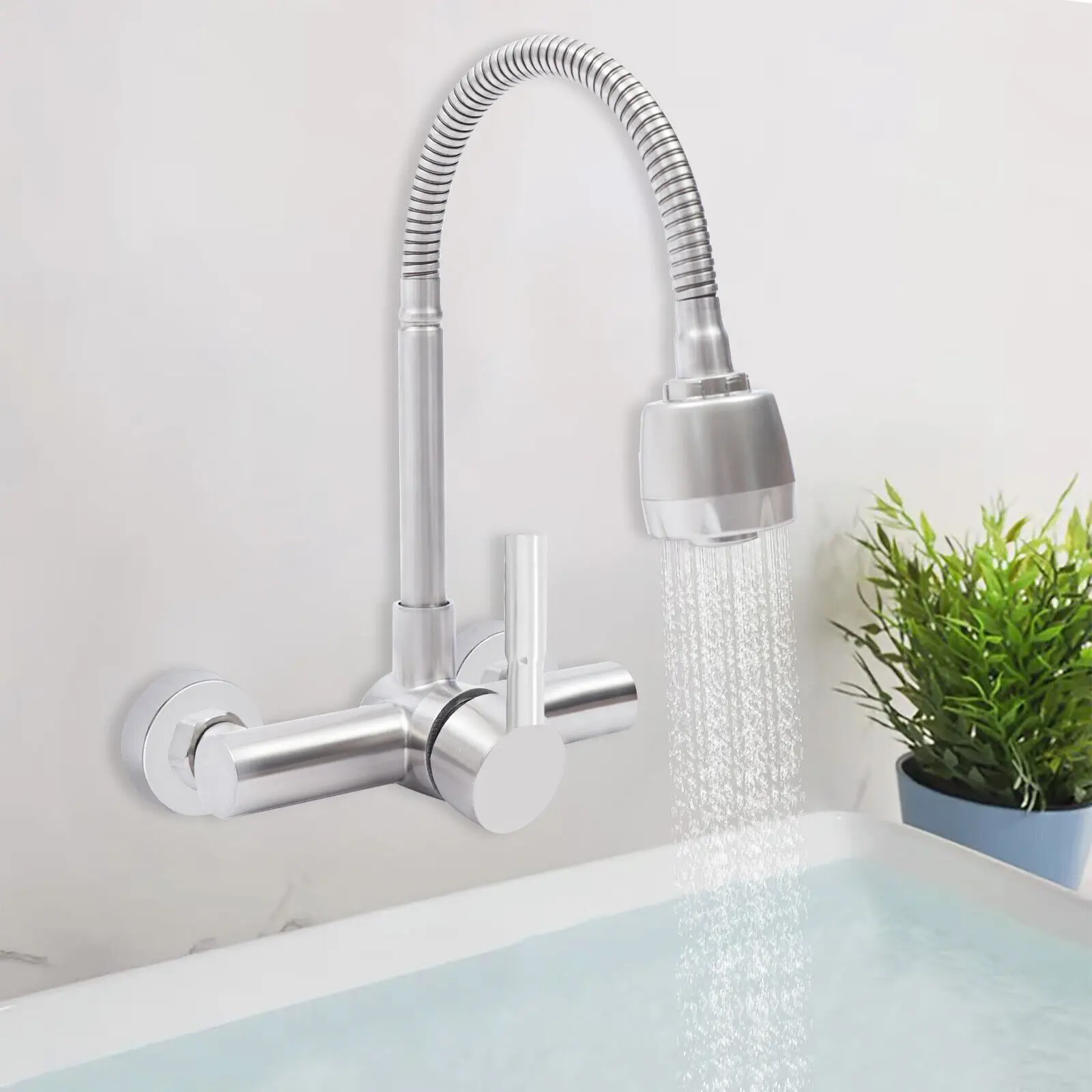 Commercial Wall Mount Faucet Sprayer Center Kitchen Sink Faucet Stainless Steel