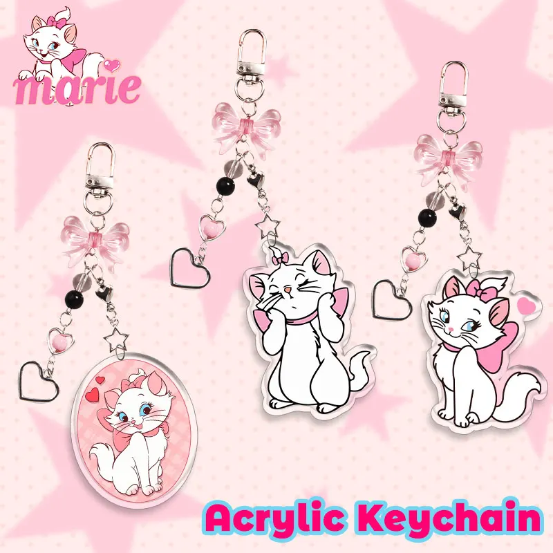 Llavero de acrílico de la gata Marie de Disney, accesorios de anime, llavero de acrílico con lazo, cuentas, colgante decorativo lindo y divertido para mochila