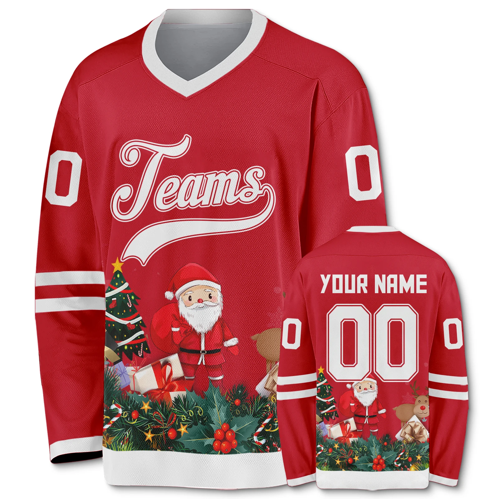 Red-White Christmas Santa Hockey Jerseys Custom Team Name Number Personalized Gift for Men Women Youth Kids Hockey Shirt