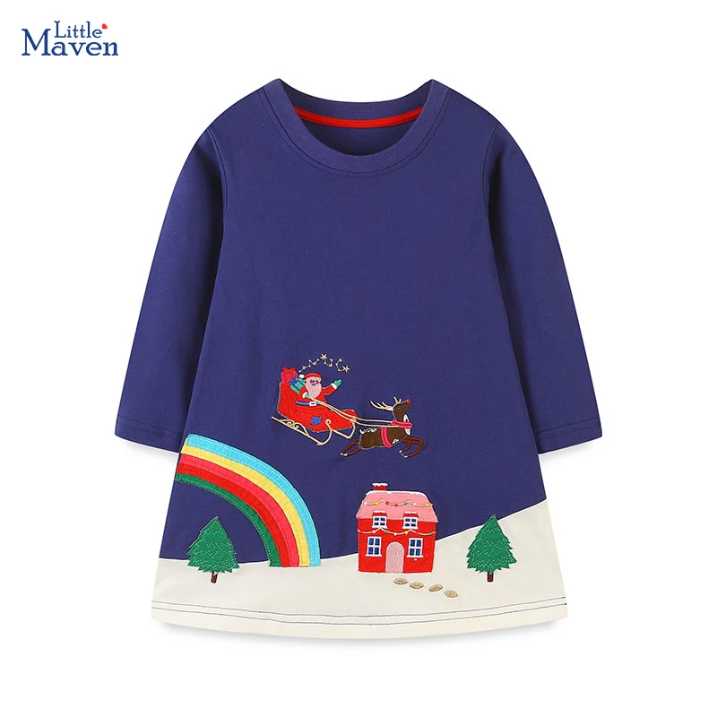 

SAILEROAD 2024 Children's Clothing Embroidery Rainbow Christmas Deers Long Sleeves Dresses Baby Girls Dress Cotton Kids Clothes