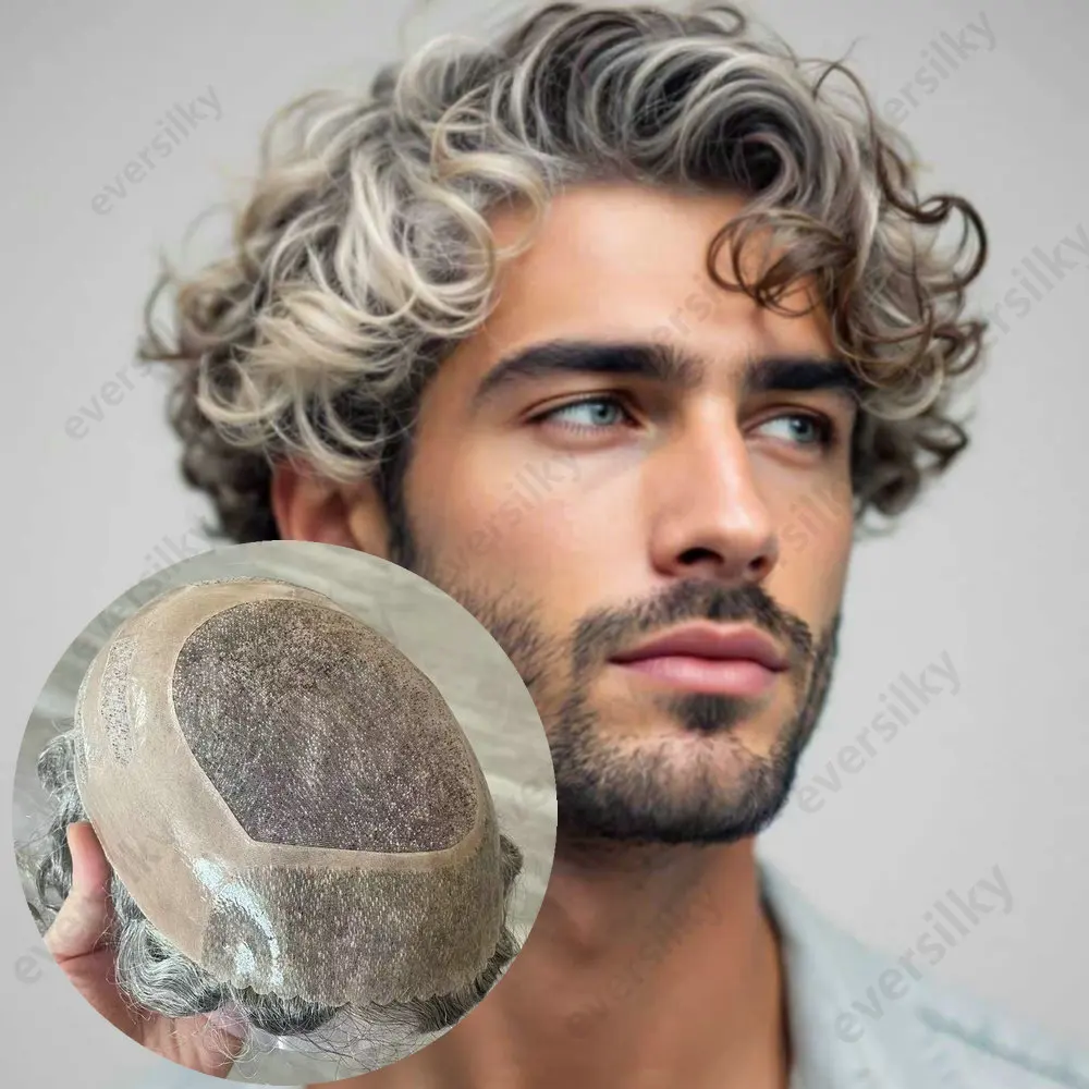 28mm Curly Bond Style Echthaar-Toupet für Herren, Mono-NPU-Basis, 1b65 565 Graubraunes Haarsystem, Atmungsaktive, Langlebige Kapillar-Prothese – Detail 1