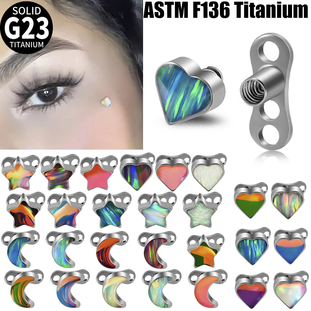 1PC Titanium Glitter Film Opal Star Heart Moon Top and Dermal Base Internal Threaded Buried Bone Nail Body Piercing Jewelry