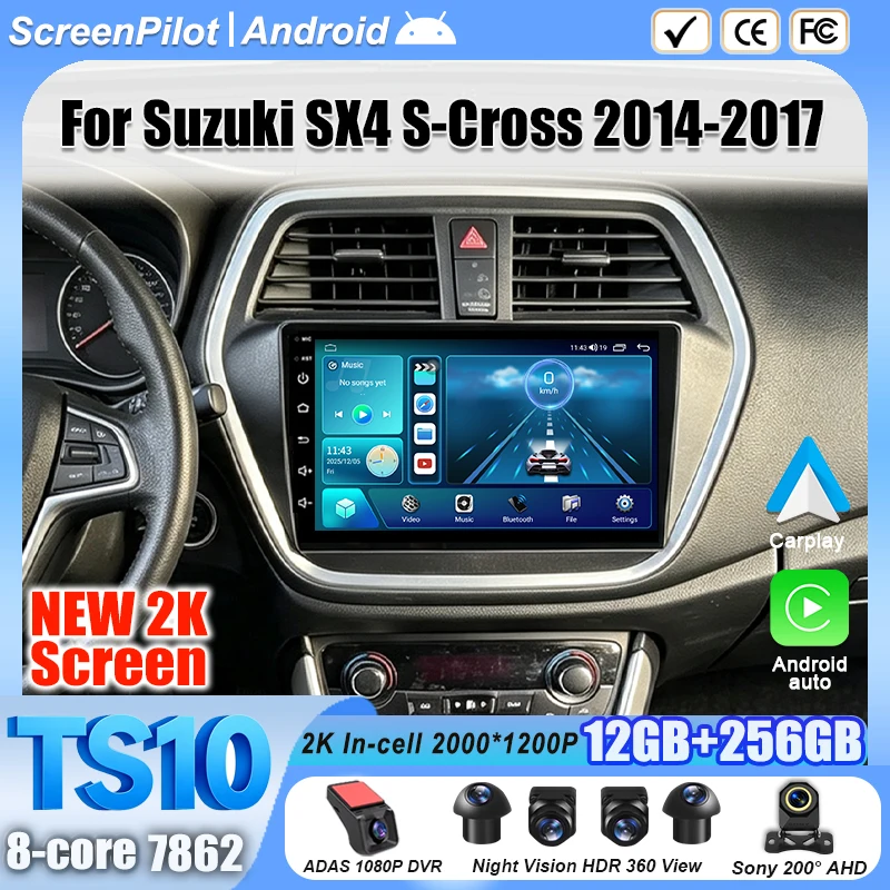 Android 16 For Suzuki SX4 S-Cross 2014-2017 Car Radio Stereo Head Unit Multimedia Video Player GPS Navigation 2K QLED 9 Inch 5G