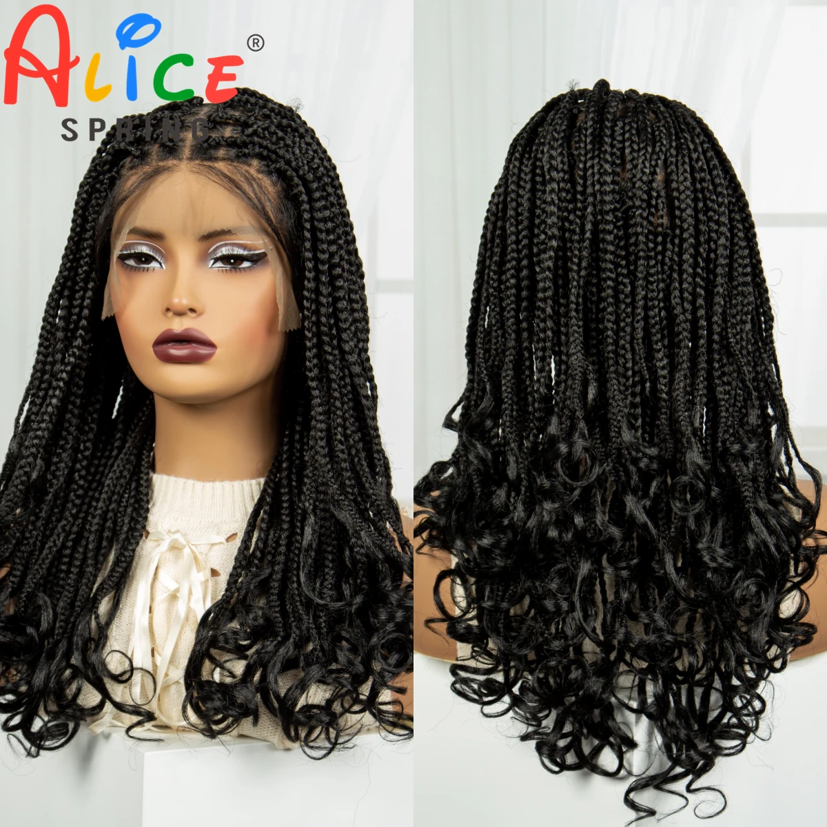 22Inch Full Lace Synthetic Braided Wigs Knotless Braided Lace Wig Boho Box Braid Wig Natural Braid Wig with Curly Ends for Woman