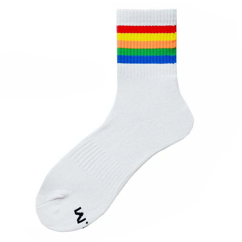 Rainbow Stripes Gay Sexy Trend Fashion Popular Solid Color Sports Socks Cotton Towel Bottom Thickened Medium Tube Men's Socks
