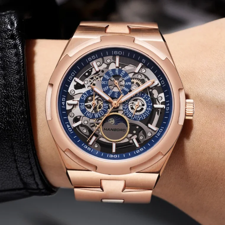 HANBORO Men Automatic Watch 42mm Mechanical Wristwatch Muliti Skeleton Dial 50M Waterproof Luminous Month Week Date Night-Day
