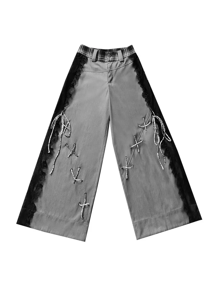 Chic Hollow Elegant Lace Splicing Lace-up Leisure Dark Gray Trousers Spring Summer Girls Simple Street Versatile Wide-leg Pants